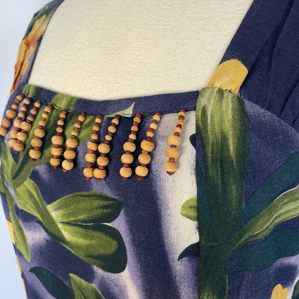 Vintage Dress Size 14 Blue Tropical Floral Hawaii Beach Open Back Beaded 90s - Picture 4 of 15
